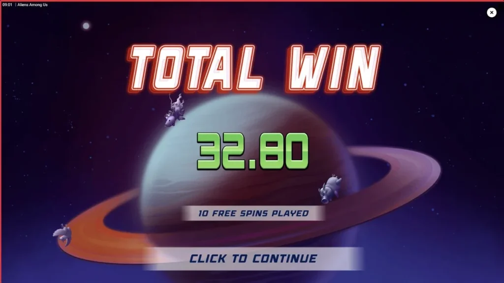 Tampilan visual slot Aliens Among Us dengan tema invasi alien dan agen FBI